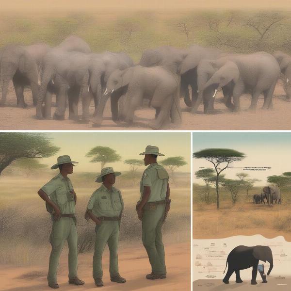 Conservation efforts in a game park showcasing rangers patrolling and monitoring wildlife populations