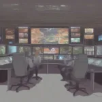 Gamemakers in the control room manipulating the Hunger Games arena