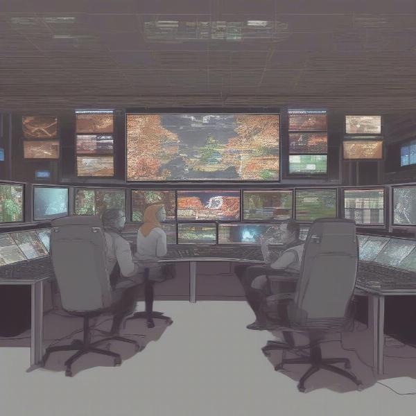 Gamemakers in the control room manipulating the Hunger Games arena