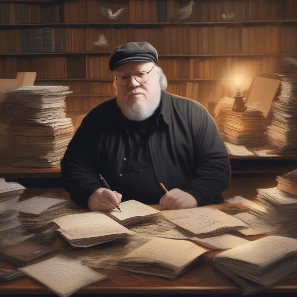 George R.R. Martin writing at his desk, surrounded by books and papers