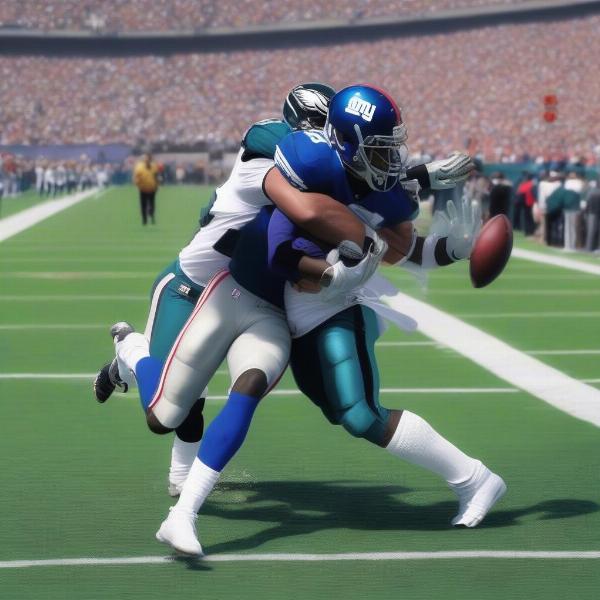 Giants player fumbling the ball after a tackle by an Eagles defender