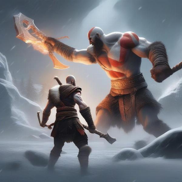 God of War Ragnarok PlayStation Exclusivity: Kratos and Atreus battling in a snowy landscape, symbolizing the game's exclusive availability on PlayStation consoles.