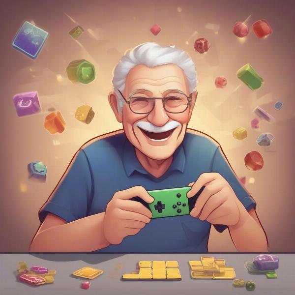 Grandpa Gaming Successfully Completing a Level in a Mobile Puzzle Game