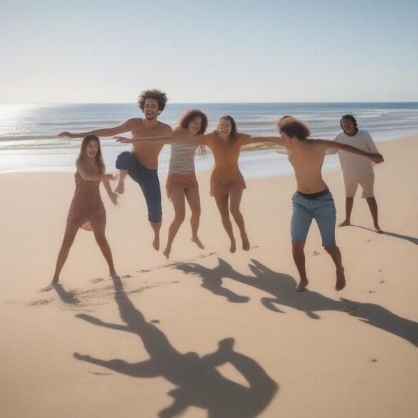 Group of Friends Playing Follow the Leader on the Beach