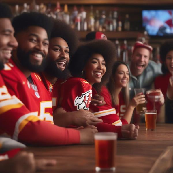 Friends gathered at a bar, enjoying the Kansas City Chiefs game