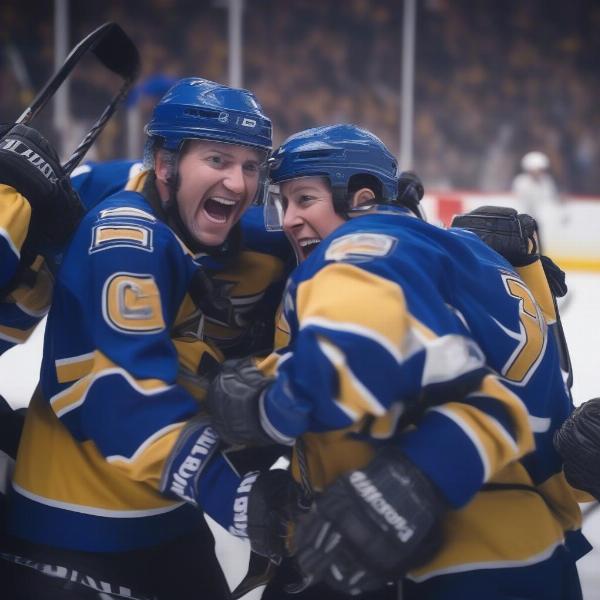 Hockey players celebrating a game-winning goal in overtime