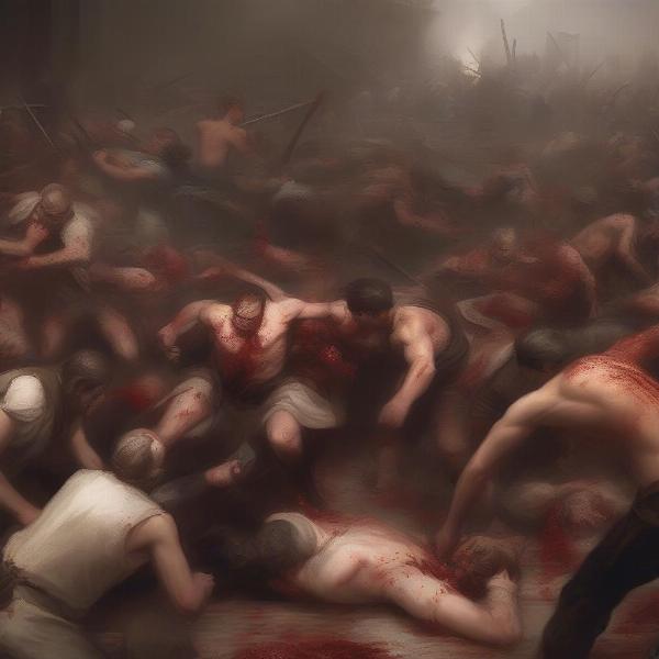 Tributes battling at the Cornucopia in The Hunger Games arena.
