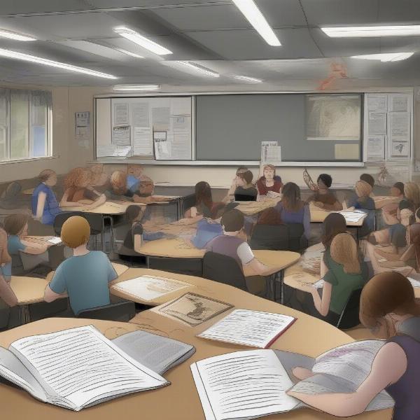 A group of students discussing The Hunger Games in a classroom setting