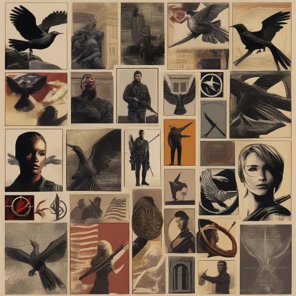 Mockingjay symbol and rebel forces in The Hunger Games.