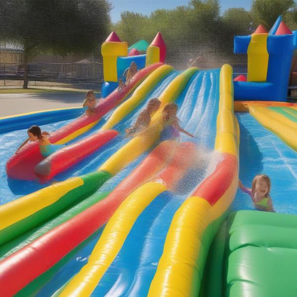 Kids Having Fun on Inflatable Obstacle Course in Pool