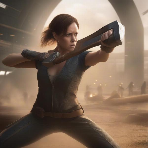 Johanna Mason wielding an axe in the Hunger Games arena
