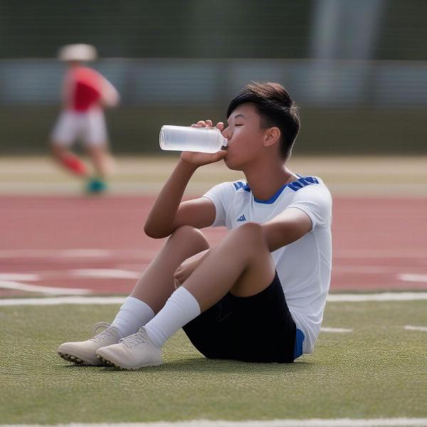 JV Soccer Player Taking a Hydration Break