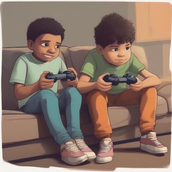 Children playing video games together