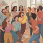 Hilarious Charades Session at a Large Gathering: Friends laughing and acting out words