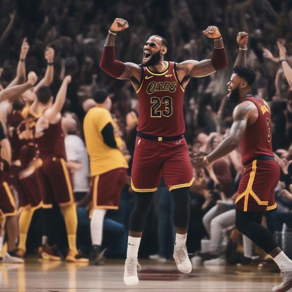 LeBron James celebrates after hitting a game-winning shot