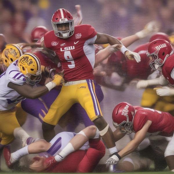 LSU and Arkansas players battling for the Golden Boot trophy