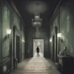 Luigi cautiously exploring a darkened hallway in a haunted mansion.