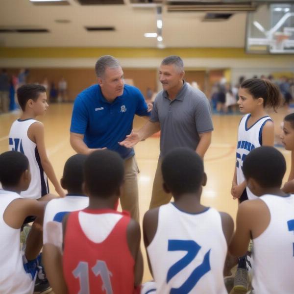 Middle School Basketball Coach Giving Instructions to Players