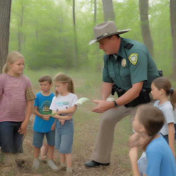 Missouri Game Warden Educating the Public: A game warden presents an educational program to a group of children about wildlife conservation.