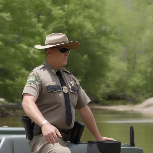 Missouri Game Warden Patrolling State Park: A game warden patrols a state park in Missouri, interacting with visitors and observing wildlife.