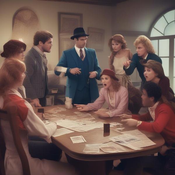Players Discussing Clues in a Murder Mystery Game