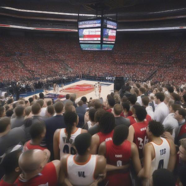NBA Playoff Game Clock - A game clock displaying the time remaining in the fourth quarter of a close playoff game, with players actively engaged on the court, demonstrating how time is a critical factor in playoff basketball.