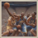 NBA Playoff Game Intensity - Players battling for possession during a crucial moment in a playoff game, highlighting the physicality and intensity of these matchups.