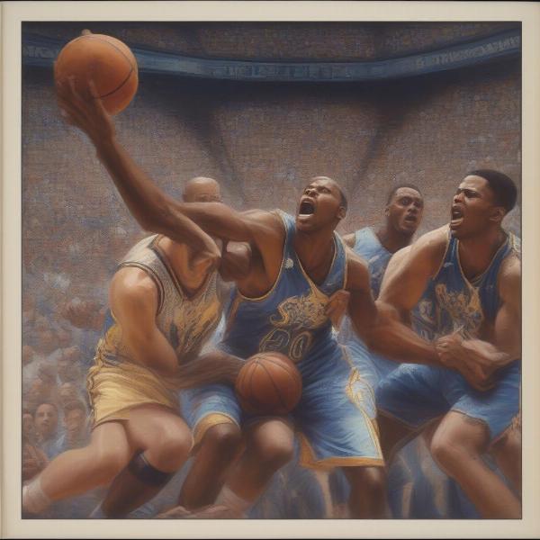 NBA Playoff Game Intensity - Players battling for possession during a crucial moment in a playoff game, highlighting the physicality and intensity of these matchups.