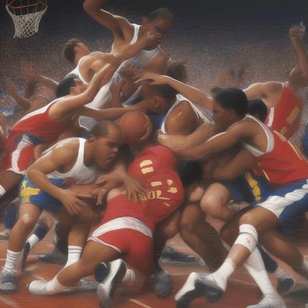 NBA Playoff Overtime Drama - A game clock showing the final seconds of an overtime period, with players scrambling for the ball underneath, illustrating the tension and high-stakes of overtime in the NBA Playoffs.