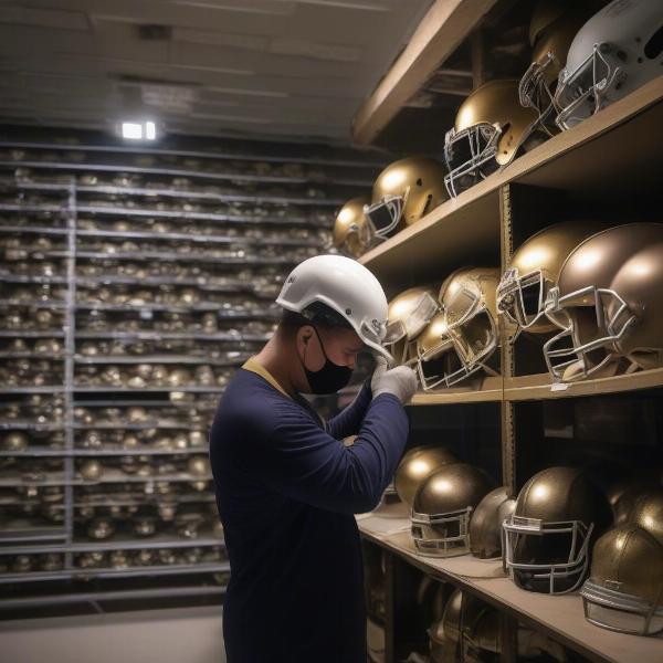 Notre Dame Equipment Manager Working on Helmets