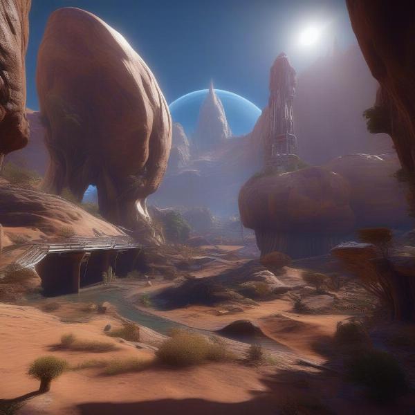Obduction Alien Landscape: Panoramic view of the strange and beautiful alien world in Obduction.