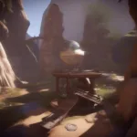 Obduction Puzzle Screenshot: A player examines a complex mechanism in the game Obduction.