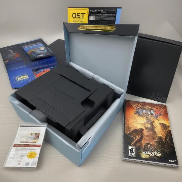 An opened video game box with its contents.