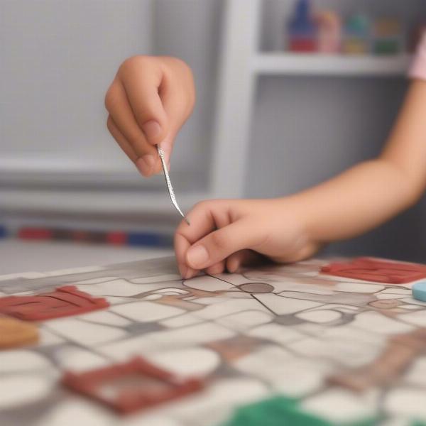A child's hand carefully maneuvering tweezers in Operation