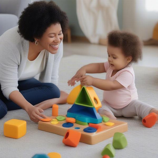 Parent and toddler engaging in playful learning with a shape sorter
