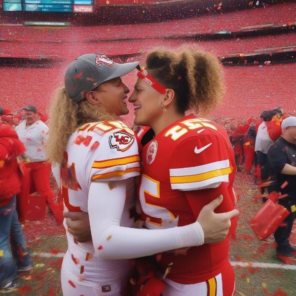 Patrick and Brittany Mahomes celebrating a Chiefs victory