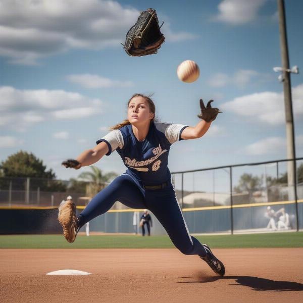 Softball Outfielder Making a Diving Catch to Preserve a Perfect Game
