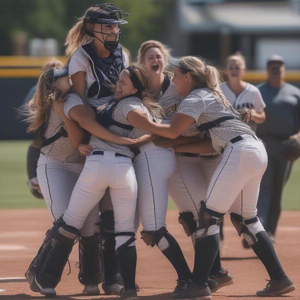 Softball Pitcher and Catcher Celebrating a Perfect Game