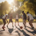 Friends playing a pick-up basketball game in a local park
