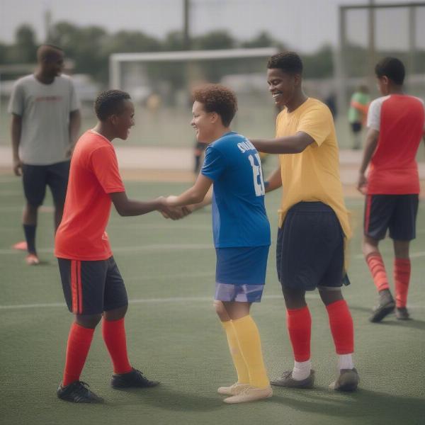 Soccer players shaking hands after a friendly pick up game, demonstrating good sportsmanship.