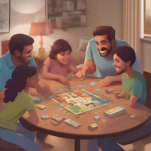 Family playing board games with children