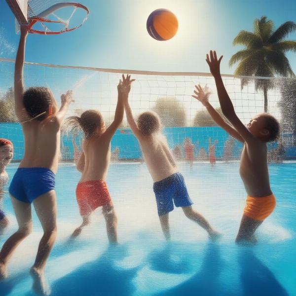 Kids Playing Volleyball and Basketball in Swimming Pool