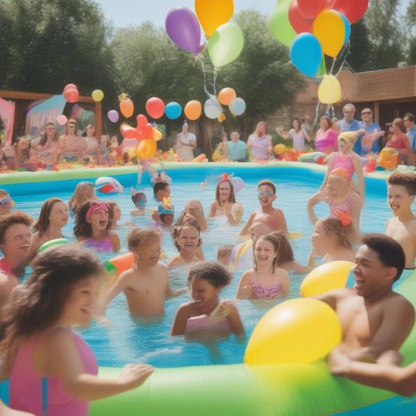 Teams Competing in Relay Races at Pool Party