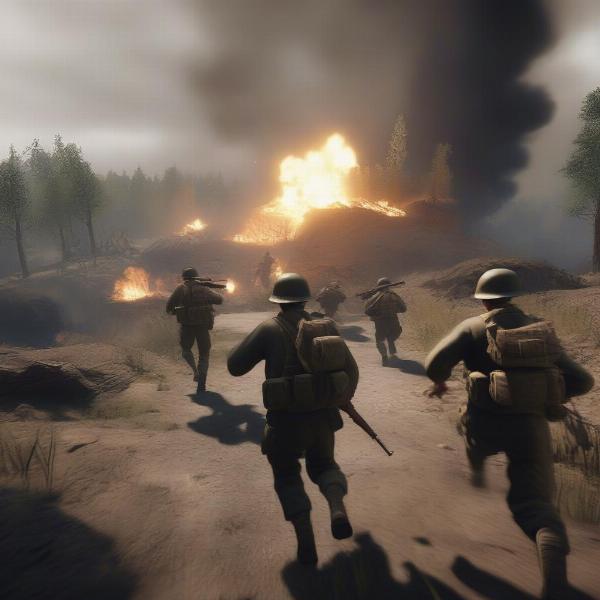 Hell Let Loose gameplay screenshot displaying intense World War II combat scenarios.
