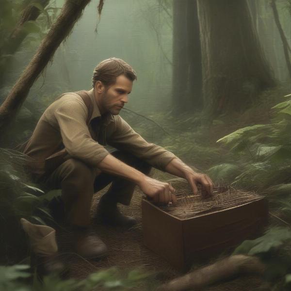 Rainsford uses his hunting skills to set elaborate traps in the jungle.