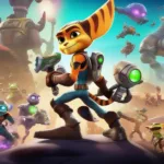Ratchet and Clank battling enemies in a vibrant alien world
