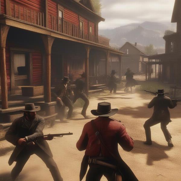 Intense gunfight scene in Red Dead Redemption