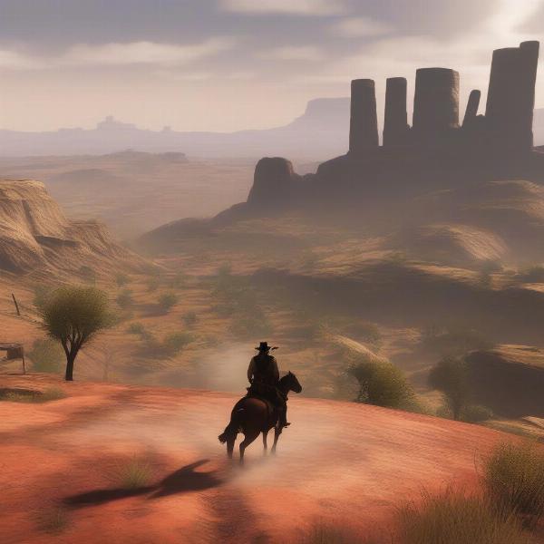 John Marston riding through the wilderness in Red Dead Redemption