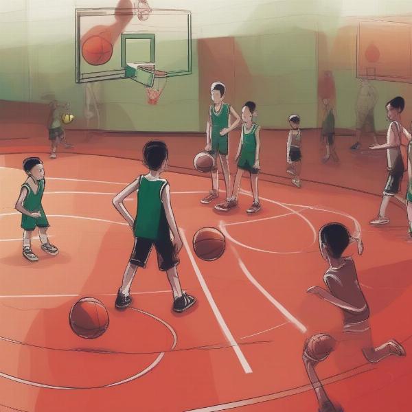 Youth basketball players participating in a red light, green light dribbling drill