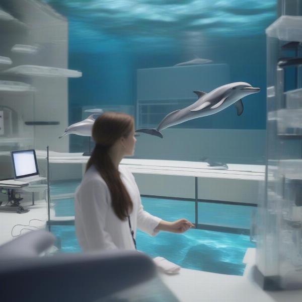 Researcher Observing Dolphin Interaction